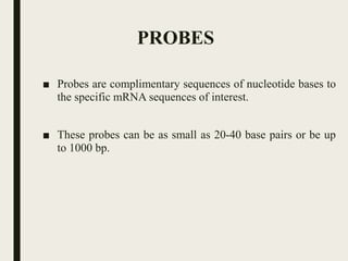 PROBES
■ Probes are complimentary sequences of nucleotide bases to
the specific mRNA sequences of interest.
■ These probes can be as small as 20-40 base pairs or be up
to 1000 bp.
 