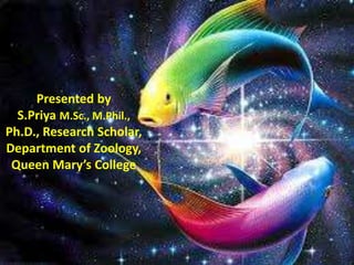 Presented by
S.Priya M.Sc., M.Phil.,
Ph.D., Research Scholar,
Department of Zoology,
Queen Mary’s College
 