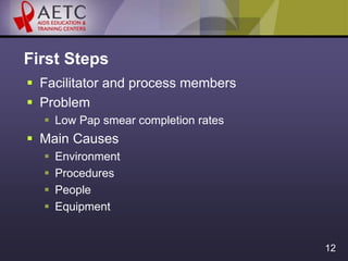 12
First Steps
 Facilitator and process members
 Problem
 Low Pap smear completion rates
 Main Causes
 Environment
 ...