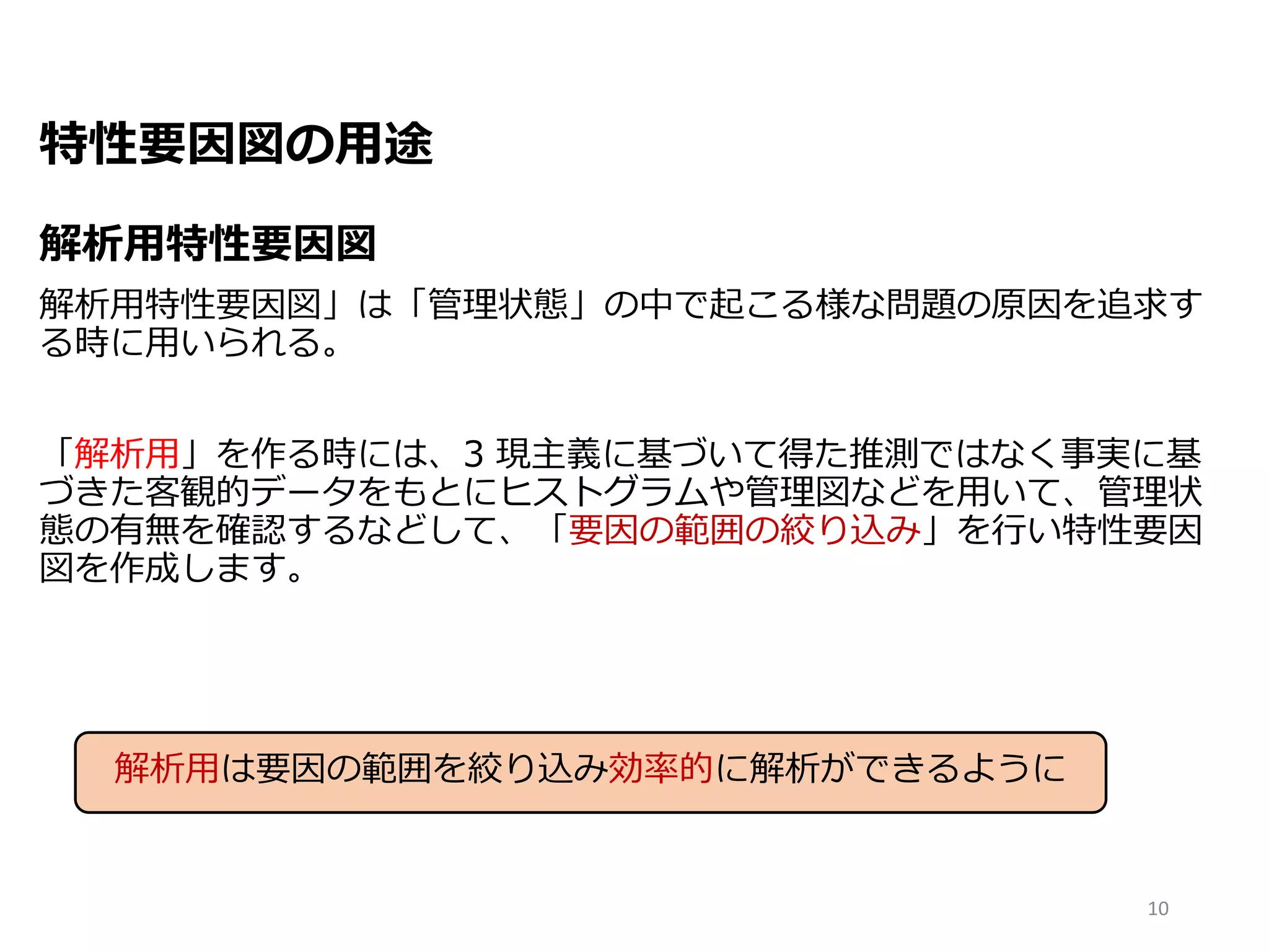特性要因図の用途
解析用特性要因図
解析用特性要因図」は「管理状態」の中で起こる様な問題の原因を追求す
る時に用いられる。
「解析用」を作る時には、3 現主義に基づいて得た推測ではなく事実に基
づきた客観的データをもとにヒストグラムや管理図などを用いて、管理状
態の有無を確認するなどして、「要因の範囲の絞り込み」を行い特性要因
図を作成します。
10
解析用は要因の範囲を絞り込み効率的に解析ができるように
 