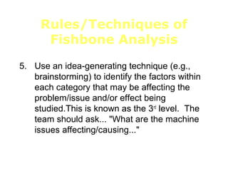 Rules/Techniques of
Fishbone Analysis
5. Use an idea-generating technique (e.g.,
brainstorming) to identify the factors within
each category that may be affecting the
problem/issue and/or effect being
studied.This is known as the 3rd
level. The
team should ask... "What are the machine
issues affecting/causing..."
 