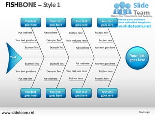FISHBONE – Style 1

                Your text            Your text               Your text            Your text
                goes here            goes here               goes here            goes here

           Put text here        Put text here          Put text here         Put text here

       Your text goes here         Example Text      Your text goes here        Put text here

                 Example Text         Example Text           Put text here   Your text goes here


    Text                                                                                           Your text
                                                                                                   goes here
                 Example Text         Example Text           Put text here   Your text goes here

       Your text goes here         Example Text      Your text goes here        Put text here

           Put text here        Put text here          Put text here         Put text here




                Your text            Your text               Your text            Your text
                goes here            goes here               goes here            goes here




www.slideteam.net                                                                                       Your Logo
 
