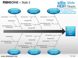FISHBONE – Style 1

                   Your text                            Your text                              Your text
                   goes here                            goes here                              goes here

Put text here                      Put text here                           Put text here

                                          Example text                                Example text
             Example text

                                   Your text goes here.                   Your text goes here.
                                          Put text here                          Put text here
  Your text goes here.
         Put text here                             Example text
                                                                                                           Your text
                                                                                                             goes
                                                                                                             here
                                                                                    Put text here
         Example text                      Put text here

                                                                                       Example text
                                                     Example text
Your text goes here.                                                           Put text here
       Put text here                       Example text

                              Your text goes here.                  Your text goes here.
                                     Put text here                         Put text here

                  Your text                             Your text                              Your text
                  goes here                             goes here                              goes here

www.slideteam.net                                                                                             Your Logo
 
