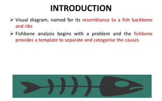 INTRODUCTION
 Visual diagram, named for its resemblance to a fish backbone
and ribs
 Fishbone analysis begins with a pro...