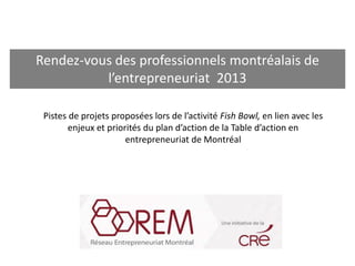 Rendez-vous des professionnels montréalais de
l’entrepreneuriat 2013
Pistes de projets proposées lors de l’activité Fish Bowl, en lien avec les
enjeux et priorités du plan d’action de la Table d’action en
entrepreneuriat de Montréal
 