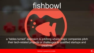 fishbowl | powered by covello
fishbowl
a “tables turned” approach to pitching where major companies pitch
their tech-related projects or challenges to qualified startups and
creatives
 