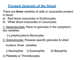 Formed elements of the blood
There are three varieties of cells or corpuscles present
in blood
a) Red blood corpuscles or Erythrocytes
b) White blood corpuscles or Leucocytes
1. Agranulocytes: Have no granules in the cytoplasm;
two varieties:
i) Lymphocytesii) Monocytes
2. Granulocytes: Possess specific granules & retain
nucleus; three varieties:
i) Neutrophils ii) Eosinophils iii) Basophils
c) Platelets or Thrombocytes
 