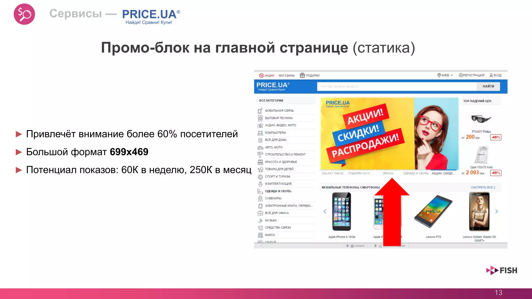 13
Промо-блок на главной странице (статика)
► Привлечёт внимание более 60% посетителей
► Большой формат 699х469
► Потенциал показов: 60К в неделю, 250К в месяц
Сервисы —
 