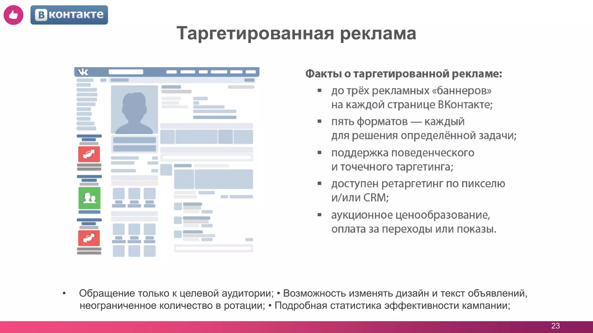 23
Таргетированная реклама
• Обращение только к целевой аудитории; • Возможность изменять дизайн и текст объявлений,
неограниченное количество в ротации; • Подробная статистика эффективности кампании;
 