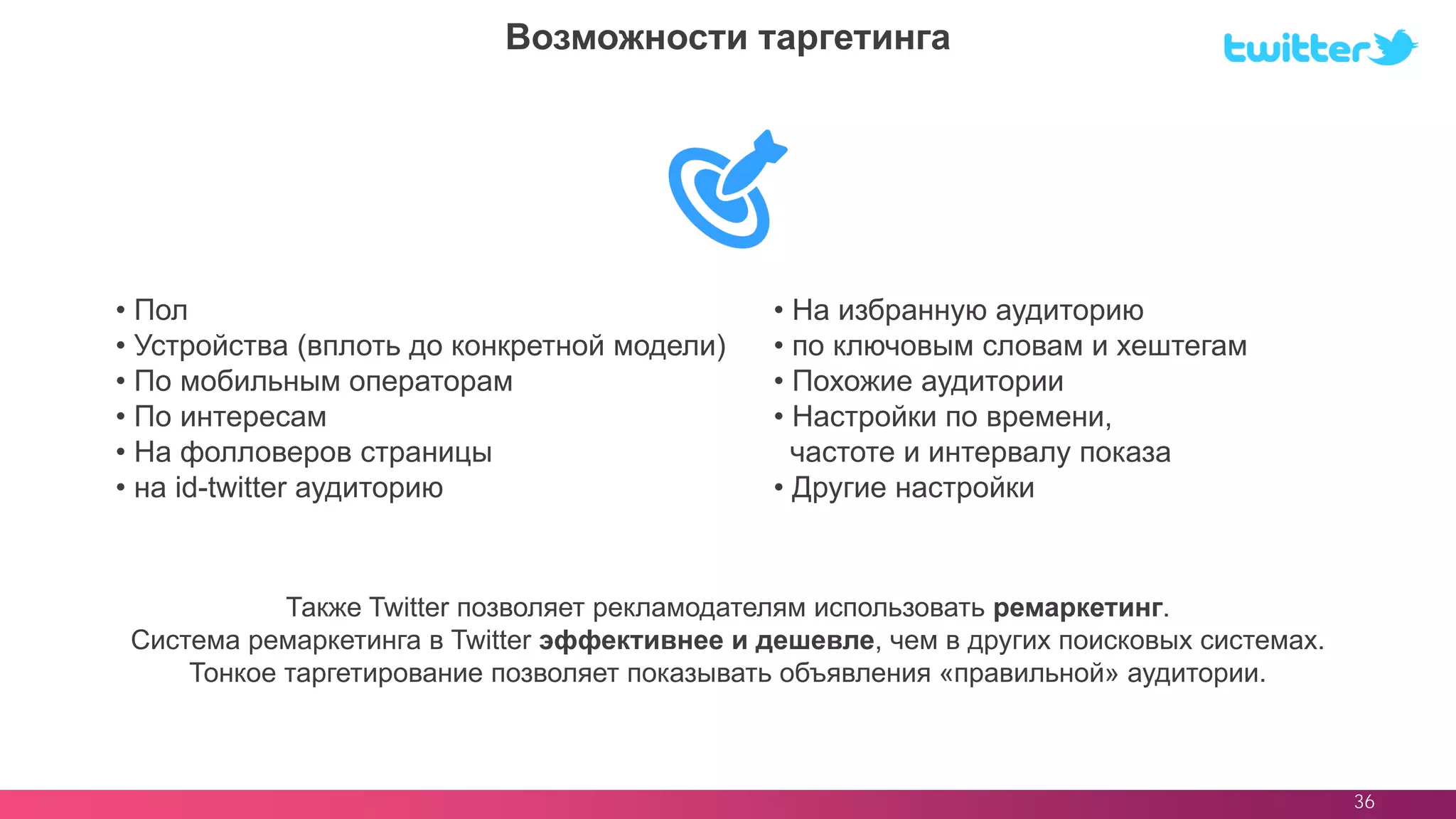 36
Возможности таргетинга
• Пол
• Устройства (вплоть до конкретной модели)
• По мобильным операторам
• По интересам
• На фолловеров страницы
• на id-twitter аудиторию
• На избранную аудиторию
• по ключовым словам и хештегам
• Похожие аудитории
• Настройки по времени,
частоте и интервалу показа
• Другие настройки
Также Twitter позволяет рекламодателям использовать ремаркетинг.
Система ремаркетинга в Twitter эффективнее и дешевле, чем в других поисковых системах.
Тонкое таргетирование позволяет показывать объявления «правильной» аудитории.
 
