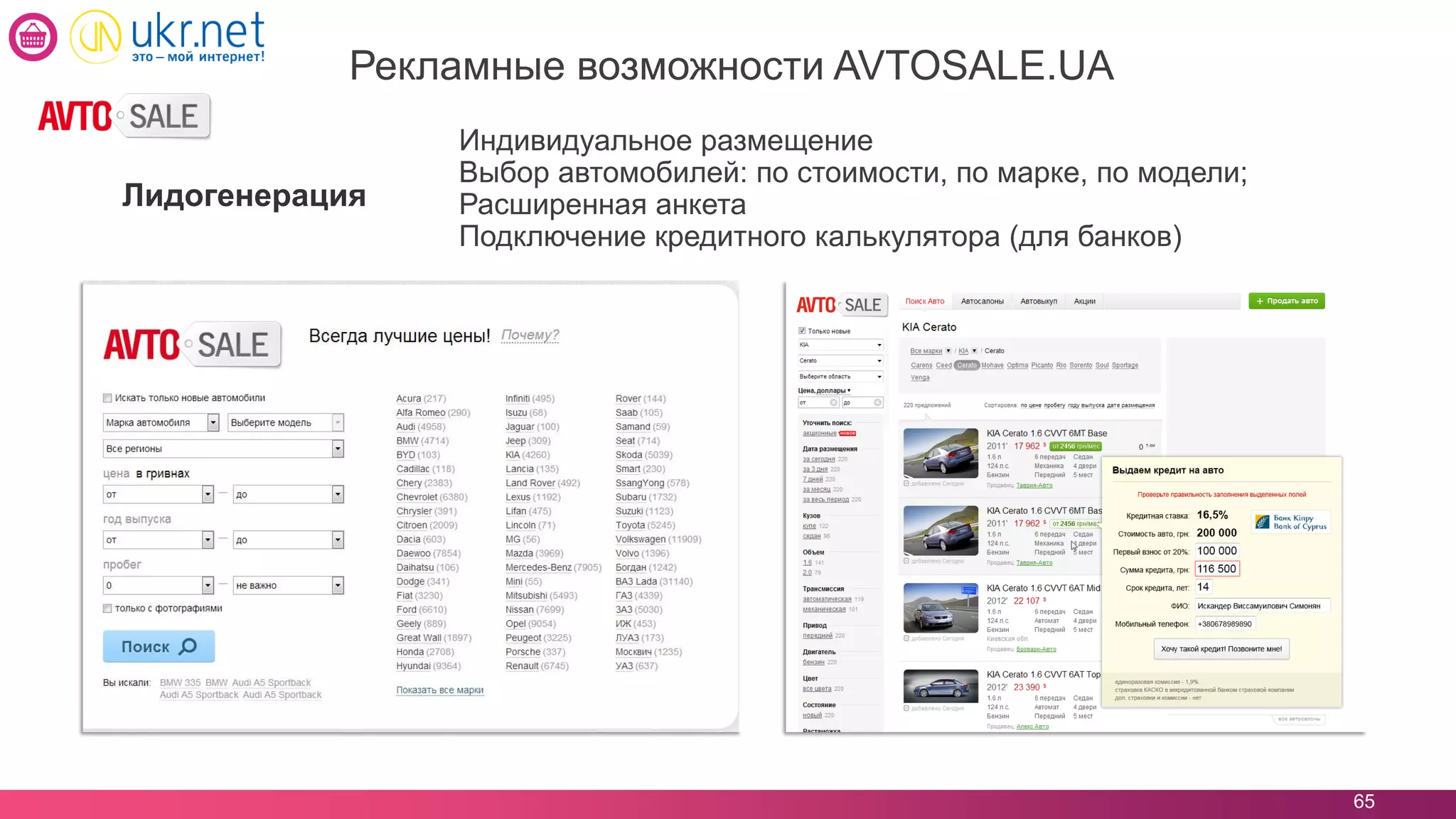 65
Рекламные возможности AVTOSALE.UA
Лидогенерация
Индивидуальное размещение
Выбор автомобилей: по стоимости, по марке, по модели;
Расширенная анкета
Подключение кредитного калькулятора (для банков)
 