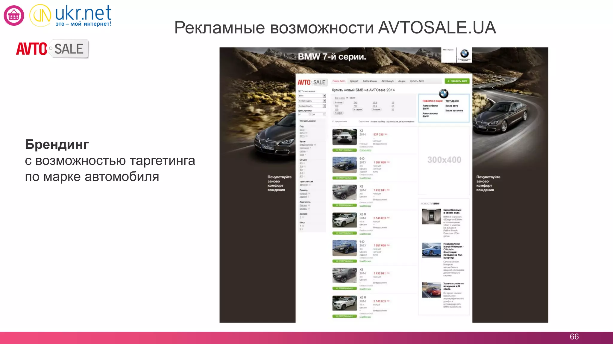 66
Рекламные возможности AVTOSALE.UA
Брендинг
с возможностью таргетинга
по марке автомобиля
 