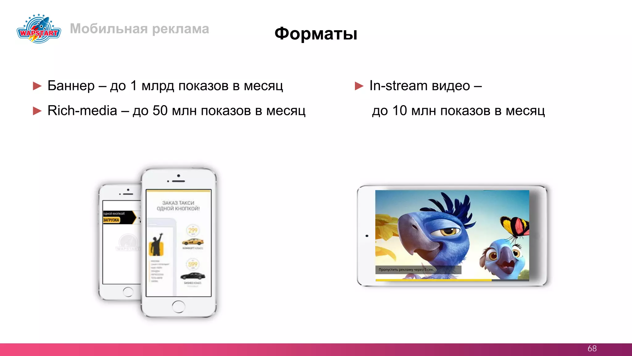 68
► Баннер – до 1 млрд показов в месяц
► Rich-media – до 50 млн показов в месяц
Форматы
Пропустить рекламу через 5 сек.
► In-stream видео –
до 10 млн показов в месяц
Мобильная реклама
 