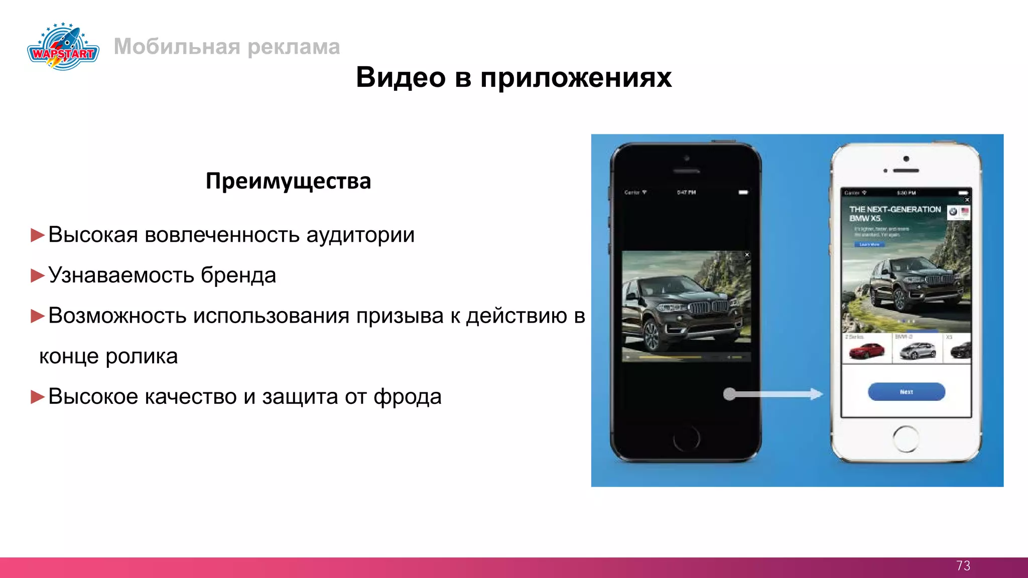 73
Видео в приложениях
►Высокая вовлеченность аудитории
►Узнаваемость бренда
►Возможность использования призыва к действию в
конце ролика
►Высокое качество и защита от фрода
Преимущества
Мобильная реклама
 
