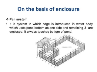 On the basis of enclosure
 Pen system
• It is system in which cage is introduced in water body
which uses pond bottom as one side and remaining 3 are
enclosed. It always touches bottom of pond.
 