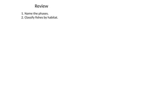 Review
1. Name the phases.
2. Classify fishes by habitat.
 