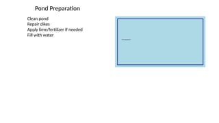 Pond Preparation
Clean pond
Repair dikes
Apply lime/fertilizer if needed
Fill with water
 