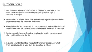Introduction :
 Fish disease , in various forms have been tormenting the aquaculture ever
since man learned the art of fish husbandry
 The stability of a fish population in a particular habit is very often disputed
by various factors viz., disease, habitat destruction depletion of resources
 Environmental change and fluctuations in water quality parameters are
also resulting illness to the fish
 It should be understood that fish suffer from many diseases, of which
from causative point of view they are classified as follows
 Fish disease is a disorder of structure or function in a fish one of that
has a known cause and a distinctive group of symptoms signs or
anatomical changes
 
