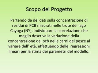 Scopo del Progetto
Partendo da dei dati sulla concentrazione di
residui di PCB misurati nelle trote del lago
Cayuga (NY), individuare la correlazione che
meglio descriva la variazione della
concentrazione del pcb nelle carni del pesce al
variare dell’ età, effettuando delle regressioni
lineari per la stima dei parametri del modello.
 