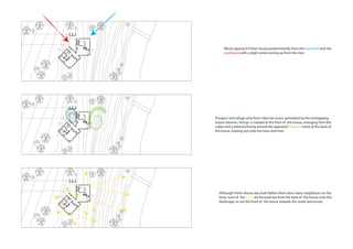 Winds approach Fisher House predominently from thenorthwestand the
southwest, with a slight wind coming up from the river.
Prospect and refuge arise from informal courts generated by the overlapping
house volumes. Refuge is created at the front of the house, emerging from the
cubes and a shed enclosing around the approach.Prospectexists at the back of
the house, looking out onto the trees and river.
Although Fisher House was built before there were many neighbours on the
land, most of theviews are focused out from the back of the house onto the
landscape, or out the front of the house towards the street and arrival.
 