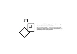 At the dwelling scale, Kahn incorporates more cubes. One cube exists outside
the overlapping two, a shed helping to frame the approach and entrance. The
other cube exists inside another, hosting the kitchen.
Kahn was responsible for the idea of served and servant spaces. He never let
the servant spaces intrude upon the served, thus he contained the kitchen in it’s
own single storey volume in a double height space.
 