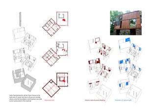 Kahn had desired for all the Fisher House to be
built out of stone, but due to nancial consider-
ations, only the foundation and replace was able
to be constructed in this material Structural Grid Interior natural wood detailing Provision of natural light
 