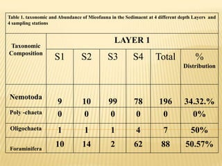 Table 1. taxonomic and Abundance of Mieofauna in the Sedimaent at 4 different depth Layers and
4 sampling stations


                                                LAYER 1
 Taxonomic
Composition
                     S1          S2          S3         S4        Total             %
                                                                               Distribution




Nemotoda
                      9          10          99          78         196        34.32.%
Poly -chaeta          0          0           0            0          0           0%
 Oligochaeta          1           1           1           4           7           50%

Foraminifera
                     10          14           2          62          88         50.57%
 