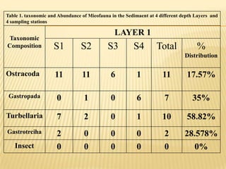 Table 1. taxonomic and Abundance of Mieofauna in the Sedimaent at 4 different depth Layers and
4 sampling stations

                                                LAYER 1
 Taxonomic
Composition          S1          S2          S3         S4        Total             %
                                                                               Distribution

Ostracoda            11          11           6           1          11         17.57%

 Gastropada           0           1           0           6           7           35%

Turbellaria           7           2           0           1          10         58.82%
Gastrotrciha          2           0           0           0           2        28.578%
   Insect             0           0           0           0           0            0%
 