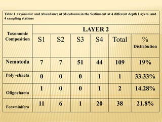 Table 1. taxonomic and Abundance of Mieofauna in the Sedimaent at 4 different depth Layers and
4 sampling stations


                                                  LAYER 2
 Taxonomic
Composition         S1          S2          S3          S4        Total              %
                                                                               Distribution


Nemotoda              7          7           51         44          109            19%
Poly -chaeta          0          0            0          1            1         33.33%
                      1          0            0          1            2         14.28%
 Oligochaeta


Foraminifera
                     11          6            1         20           38          21.8%
 