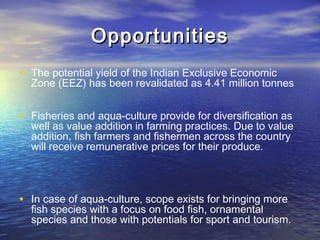 OpportunitiesOpportunities
• The potential yield of the Indian Exclusive Economic
Zone (EEZ) has been revalidated as 4.41 million tonnes
• Fisheries and aqua-culture provide for diversification as
well as value addition in farming practices. Due to value
addition, fish farmers and fishermen across the country
will receive remunerative prices for their produce.
• In case of aqua-culture, scope exists for bringing more
fish species with a focus on food fish, ornamental
species and those with potentials for sport and tourism.
 