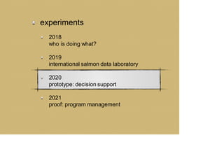 experiments
2018
who is doing what?
2019
international salmon data laboratory
2020
prototype: decision support
2021
proof: program management
 
