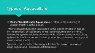 Types of Aquaculture
 Marine/Brackishwater Aquaculture-It refers to the culturing of
species that live in the ocean.
Marine aquaculture can take place in the ocean (that is, in cages,
on the seafloor, or suspended in the water column) or in on-land,
manmade systems such as ponds or tanks. Recirculating aquaculture
systems that reduce, reuse, and recycle water and waste can support
some marine species.
Species :- carp, catla, rohu, magur, freshwater prawn, freshwater
pearl culture and ornamental fish farming
 