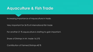 Aquaculture & Fish Trade
Increasing Importance of Aquaculture in trade.
Very important for 26 % of international fish trade
For another 21 % aquaculture is starting to gain important.
Share of Shrimps in Int. trade-16.5 %
Contribution of Farmed Shrimps-40 %
 