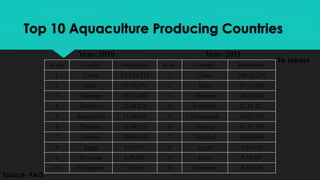 Top 10 Aquaculture Producing Countries
Sr no. Country Production Sr no. Country Production
1 China 3,67,34,215 1 China 3,86,21,269
2 India 37,85,779 2 India 45,73,465
3 Vietnam 26,71,800 3 Vietnam 28,45,600
4 Indonesia 23,04,828 4 Indonesia 27,18,421
5 Bangladesh 13,08,515 5 Bangladesh 15,23,759
6 Thailand 12,86,122 6 Norway 11,38,797
7 Norway 10,08,010 7 Thailand 10,08,049
8 Egypt 9,19,585 8 Egypt 9,86,820
9 Myanmar 8,50,697 9 Chile 9,54,845
10 Philippines 7,44,695 10 Myanmar 8,16,820
In tonnes
Year- 2010 Year- 2011
Source- FAO
 