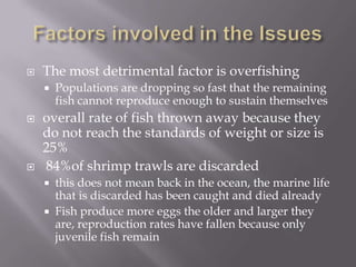 Factors involved in the Issues<br />The most detrimental factor is overfishing<br />Populations are dropping so fast that ...