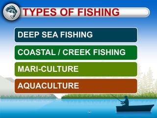 TYPES OF FISHING
DEEP SEA FISHING
COASTAL / CREEK FISHING
MARI-CULTURE
AQUACULTURE
 