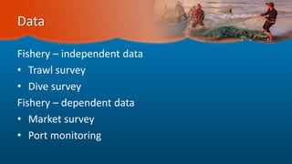 Data
Fishery – independent data
• Trawl survey
• Dive survey
Fishery – dependent data
• Market survey
• Port monitoring
 