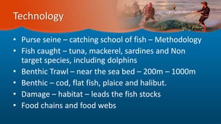 Technology
• Purse seine – catching school of fish – Methodology
• Fish caught – tuna, mackerel, sardines and Non
target species, including dolphins
• Benthic Trawl – near the sea bed – 200m – 1000m
• Benthic – cod, flat fish, plaice and halibut.
• Damage – habitat – leads the fish stocks
• Food chains and food webs
 