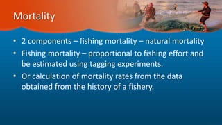 Mortality
• 2 components – fishing mortality – natural mortality
• Fishing mortality – proportional to fishing effort and
be estimated using tagging experiments.
• Or calculation of mortality rates from the data
obtained from the history of a fishery.
 