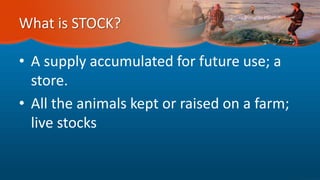 What is STOCK?
• A supply accumulated for future use; a
store.
• All the animals kept or raised on a farm;
live stocks
 