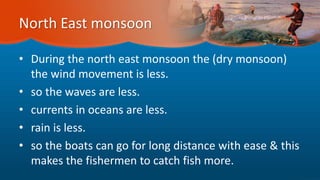 North East monsoon
• During the north east monsoon the (dry monsoon)
the wind movement is less.
• so the waves are less.
• currents in oceans are less.
• rain is less.
• so the boats can go for long distance with ease & this
makes the fishermen to catch fish more.
 