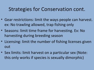 Strategies for Conservation cont.
• Gear restrictions: limit the ways people can harvest.
ex: No trawling allowed, trap fishing only
• Seasons: limit time frame for harvesting. Ex: No
harvesting during breeding season
• Licensing: limit the number of fishing licenses given
out
• Sex limits: limit harvest on a particular sex (Note:
this only works if species is sexually dimorphic)

 