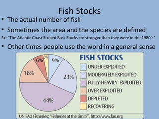 Fish Stocks

• The actual number of fish
• Sometimes the area and the species are defined
Ex: “The Atlantic Coast Striped Bass Stocks are stronger than they were in the 1980’s”

• Other times people use the word in a general sense

 