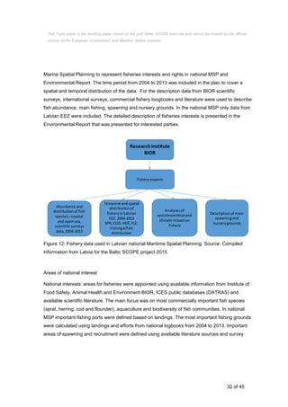32 of 45
Marine Spatial Planning to represent fisheries interests and rights in national MSP and
Environmental Report. The time period from 2004 to 2013 was included in the plan to cover a
spatial and temporal distribution of the data. For the description data from BIOR scientific
surveys, international surveys, commercial fishery loogbooks and literature were used to describe
fish abundance, main fishing, spawning and nursery grounds. In the national MSP only data from
Latvian EEZ were included. The detailed description of fisheries interests is presented in the
Environmental Report that was presented for interested parties.
Figure 12: Fishery data used in Latvian national Maritime Spatial Planning. Source: Compiled
information from Latvia for the Baltic SCOPE project 2015
Areas of national interest
National interests’ areas for fisheries were appointed using available information from Institute of
Food Safety, Animal Health and Environment BIOR, ICES public databases (DATRAS) and
available scientific literature. The main focus was on most commercially important fish species
(sprat, herring, cod and flounder), aquaculture and biodiversity of fish communities. In national
MSP important fishing ports were defined based on landings. The most important fishing grounds
were calculated using landings and efforts from national logbooks from 2004 to 2013. Important
areas of spawning and recruitment were defined using available literature sources and survey
Research Institute
BIOR
Fisheryexperts
Abundance and
distribution of fish
species –coastal
and opensea,
scientificsurveys
data,2004-2013
Temporal andspatial
distribuitonof
fishery inLatvian
EEZ, 2004-2013
SPR,COD, HER, FLE.
Fishingeffort
distribution
Analyses of
socioleconmicaland
climate impacton
fishery
Descriptionof main
spawningand
nurserygrounds
This Topic paper is the working paper based on the joint Baltic SCOPE exercise and cannot be treated as the official
opinion of the European Commission and Member States involved.
 