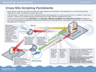 Fisherman’s Tale– Easy Security Threat 12 Agosto 2014 
Cross Site Scripting Persistente 
• Questo genere di attacco che sfrutta le anomalie del codice applicativo (nell’esempio un XSS Persistente in un Forum Java) permette 
l’esecuzione di codice contraffatto sui browser degli utenti. 
• L’Hacker/Cracker in questo scenario sfrutta l’incapacità da parte delle applicazioni (nel nostro caso del Forum) di «validare» i dati di input 
inserendo all’interno dei messaggi sottomessi dagli attaccanti del codice malevolo progettato dai Cracker. 
• Il codice eseguito ovviamente sarà Client-Side quindi javascript, VbScript, tag OBJECT con riferimenti ad ActiveX contraffatti ed 
altro ancora. Ovviamente la disabilitazione dell’esecuzione degli script da parte del Browser risolverebbe il problema ma non permetterebbe 
alle applicazioni di funzionare. 
Utenti 
6 
6) Il browser 
dell’utente eseguirà lo 
script contraffatto e a 
sua insaputa accede 
alla pagina web 
affetta da XSS. La 
pagina esegue sul 
client lo script 
contraffatto il quale 
restituisce il cookie di 
sessione su un server 
controllato 
dall’attaccante. 
Attaccante 
2 
3 
2) Il server 
Web fornisce 
la pagina 
richiesta 
affetta da 
Cross Site 
Scripting. 
3) L’attaccante crea lo script che permette 
di inviare ad un sito contraffatto le 
credenziali di accesso al forum dell’utente 
(ad esempio i cookie di sessione) e lo 
inserisce all’interno di un messaggio 
(persistente) del forum. 
Visto che si tratta di un forum, il codice 
Javascript verrà eseguito su tutti i 
client degli utenti fornendo 
all’attaccante (ad esempio su un sito 
da lui controllato) i cookie di sessione. 
4) Gli utenti ingari 
richiederanno la 
Home page del 
forum la quale 
sarà affetta da 
XSS persistente. 
4 
1 
1) Il client 
richiede al 
server web 
la pagina 
affetta 
Cross Site 
Scripting 
5 
5) Il sito Web 
invierà al client la 
pagina Web 
richiesta con il 
codice contraffatto 
dall’attaccante. 
7 
7) Ora l’attaccante può 
accedere al server di Storing 
delle credenziali per 
effettuare uno Spoofing 
dell’utenza sul Forum. 
21 
 
