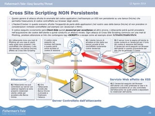 Fisherman’s Tale– Easy Security Threat 12 Agosto 2014 
Cross Site Scripting NON Persistente 
• Questo genere di attacco sfrutta le anomalie del codice applicativo (nell’esempio un XSS non persistente su una banca OnLine) che 
permette l’esecuzione di codice contraffatto sui browser degli utenti. 
• L’Hacker/Cracker in questo scenario sfrutta l’incapacità da parte delle applicazioni (nel nostro caso della banca OnLine) di non prendere in 
considerazioni richieste contraffatte (ad esempio con Javascript o Html). 
• Il codice eseguito ovviamente sarà Client-Side quindi javascript per eccellenza ed altro ancora. L’attaccante potrà quindi procedere 
nell’acquisizione dei cookie dell’utente e quindi condurre un attacco mirato. Ogni attacco di Cross Site Scripting comincia con una mail di 
Phishing, prestare attenzione ai link che contengono tag <SCRIPT> o escape come ad esempio strani %73%63%72%69%70%74. 
Attaccante 
Utenti/e 
Servizio Web affetto da XSS 
2) L’utente (sicuro di 
accedere al sito della sua 
banca) accede al link 
contraffatto contenente 
codice Javascript 
2 
3 
Server Controllato dall’attaccante 
3) Il server invia la pagina all’utente la 
quale conterrà un Javascript per il furto 
del cookie di sessione dell’utente. 
Il Javascript verrà eseguito sul Browser 
dell’utente in quanto proveniente dal 
sito che ha generato il Cookie 
4 
4) Il Javascript eseguito dal Browser 
dell’utente una volta prelevata la User e la 
password accederà ad un sito controllato 
dall’attaccante nel quale andrà a depositare 
le credenziali dell’utente. 
1 
5 
5) l’Attaccante ora può 
controllare sul server con 
cadenza regolare se sono 
presenti credenziali 
utente valide per 
accedere alla Banca 
Online 
6 
6) Ora 
l’attaccante 
accede alla 
Banca OnLine 
e procede a 
finalizzare 
l’attacco 
1) L’attaccante invia una mail di 
Phishing ad una rosa di utenti 
nella quale sono presenti i link 
contraffatti che utilizzano il sito 
(ad esempio una banca OnLine) 
affetto da Cross Site Scripting 
Il codice viene 
eseguito nel 
browser dell’utente 
e questo potrà 
avere accesso al 
cookie di sessione 
22 
 