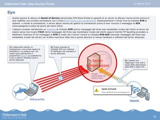 Fisherman’s Tale– Easy Security Threat 12 Agosto 2014 
Syn 
• Questo genere di attacco di Denial of Service denominato SYN flood sfrutta la capacità di un server di allocare risorse prima ancora di 
aver stabilito una corretta connessione con il client (TCP three-way handshake). Sostanzialmente il Clinet invia la richiesta SYN al 
sistema e chiude la connessione, il server alloca risorse per gestire la connessione prima di aver ricevuto il messaggio di ACK 
(Acknowledgment number) da partre del client Client. 
• L’attacco consiste nell’attivare un flooding di richieste SYN (primo messaggio del three way handshake inviato dal client) al server da 
colpire senza mai inviare l’ACK (terzo messaggio del three way handshake inviato dal client) oppure tramite l’IP Spoofing procedere a 
falsificare l’indirizzo IP nel messaggio di SYN di modo che il server invierà la richiesta SYN-ACK (secondo messaggio del three way 
handshake inviato dal server) ad un’altra macchina nella rete e quindi saturare le risorse hardware e software del server attaccato. 
Attacante 
Target 
vulnerabile ad 
attacco Syn 
1) L’attaccante utilizza un 
programma o uno script capace di 
procedere in un attacco syn, nel 
nostro caso utilizzeremo il 
programma Hping3 su piattaforma 
Linux e attiva il flooding verso il 
server attaccato. 
1 
2) Flusso anomalo di 
richieste SYN con indirizzo 
IP falsificato che inondano il 
server attaccato. 
2 
2) L’utente non 
raggiunge il sito web a 
causa della saturazione 
della RAM e della CPU. 
Utenti 
3 
Server 
compromesso 
30 
 