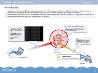 Fisherman’s Tale– Easy Security Threat 12 Agosto 2014 
• Questo genere di attacco di Denial of Service denominato Fork Bomb si basa su un Malware di tipo Wabbit . Il principio è che ogni 
elaboratore ha la possibilità di eseguire un dato numero di processi utilizzando una data quantità di CPU e di memoria. 
• Normalmente questo attacco può avvenire tramite un Malware appositamente creato ospitato all’interno di un trojan oppure lanciato da un 
attaccante su un server da colpire una volta penetrato sul sistema. 
1 
1) L’attaccante ha già 
a disposizione una 
shell sul server oggetto 
dell’attacco. 
Provvede ad incollare 
una Bash o scrive un 
semplice programma in 
C di Fork Bomb e lo 
esegue 
#include <unistd.h> 
int main(void) { 
while(1) 
{ 
fork(); 
} return 0; 
} 
Fork Bomb 
Attacante 
Server 
Target 
vulnerabile ad 
attacco Syn 
2) Il server attiva il processo che a 
sua volta, lanciando processi figli, in 
modo recursivo consuma tutte le 
capacità elaborative. 
3) L’utente non 
raggiunge il sito web a 
causa della saturazione 
della RAM e della CPU. 
Utenti 
3 
2 
compromesso 
32 
 