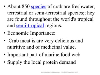 • About 850 species of crab are freshwater,
terrestrial or semi-terrestrial species;t hey
are found throughout the world's tropical
and semi-tropical regions.
• Economic Importance:
• Crab meat is are very delicious and
nutritive and of medicinal value.
• Important part of marine food web.
• Supply the local protein demand
NSP/ABASAHEB GARWARWE COLLEGE/ZOOLOGY DEPT
 