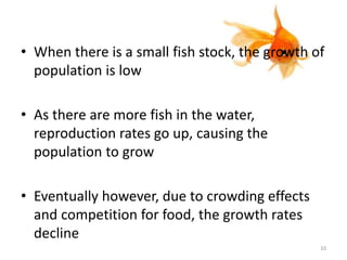 • When there is a small fish stock, the growth of
population is low
• As there are more fish in the water,
reproduction rates go up, causing the
population to grow
• Eventually however, due to crowding effects
and competition for food, the growth rates
decline
10
 